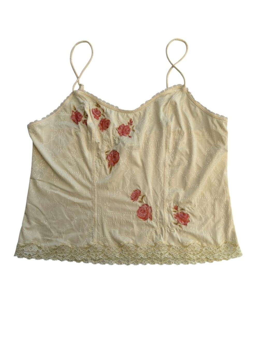 y2k size large Lola Delicate Floral Lace Trim Slip Tank Top cream rose
